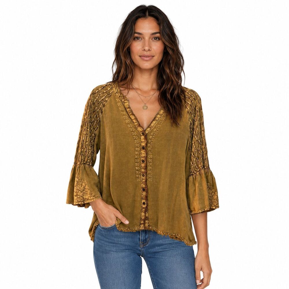 Tru Luxe Jeans Tunic Blouse Womens Large Yellow Embroidered V Neck Sleeve Top